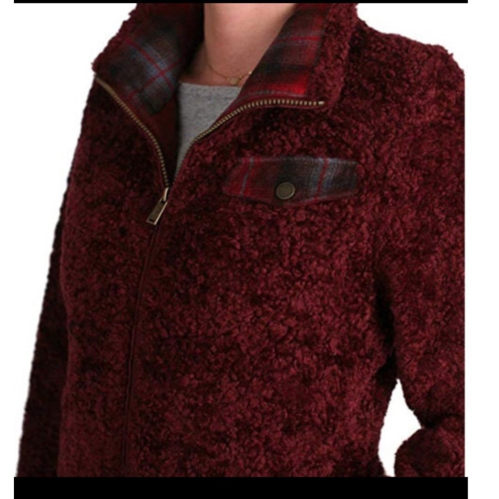Pendleton Womens Burgundy Sherpa Fleece Full Zip Plaid Trim Jacket P1558 Size M - Picture 2 of 8
